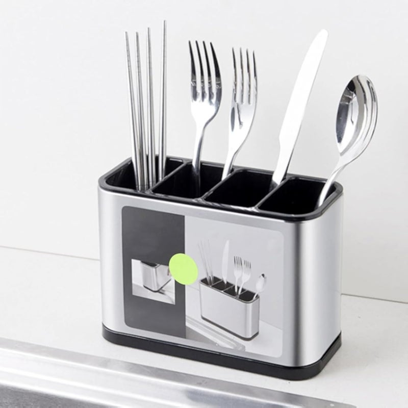 Generic Stainless Steel Kitchen Utensil Holder with 4 Compartments, Cutlery Organiser for Counter, Flatware Caddy